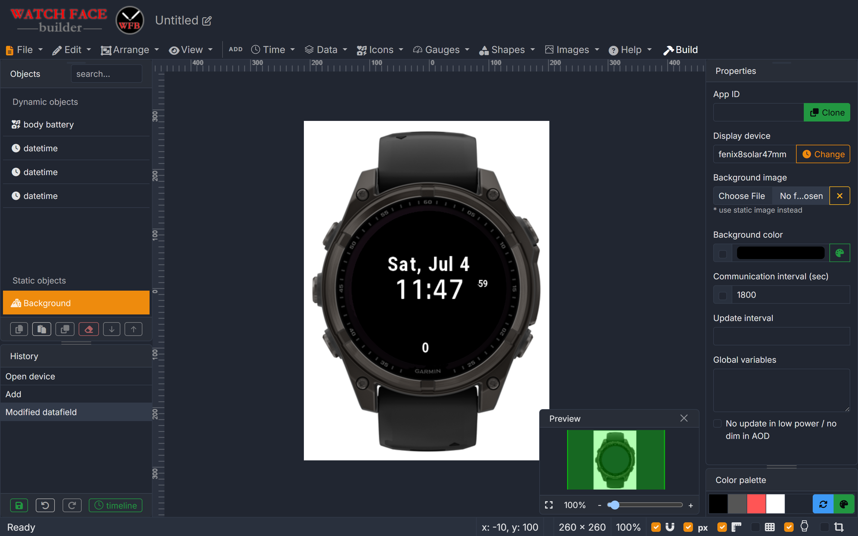 The editor workspace: toolbar on top, layer list left, canvas with watch overlay center, properties right, status bar bottom