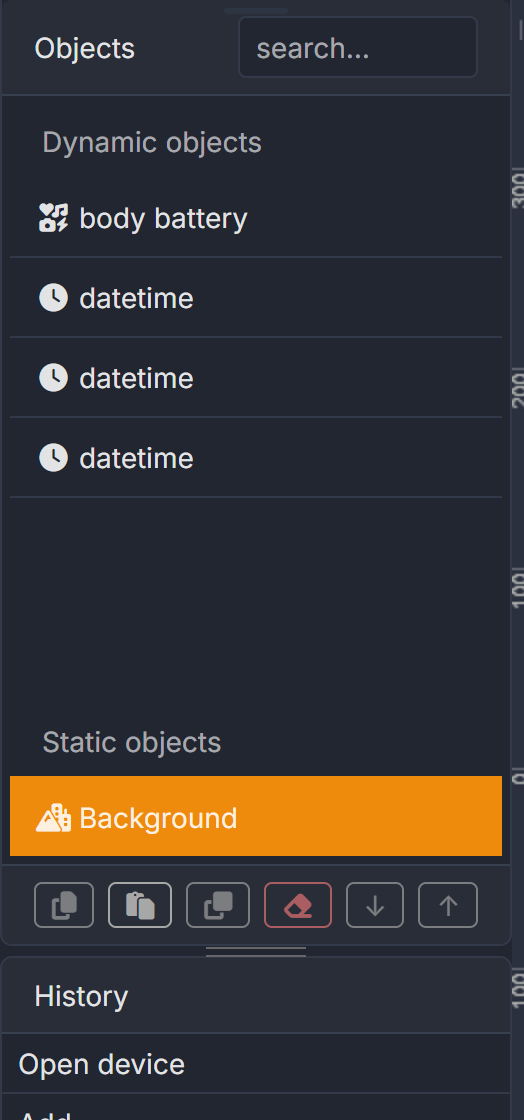 The layer list: dynamic and static object groups, row tools, and the History list below