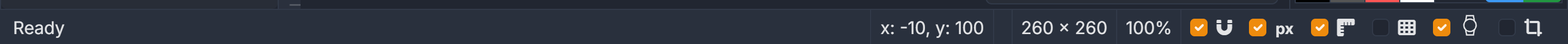The status bar: cursor position, selection size, screen size, zoom, and the six canvas toggles