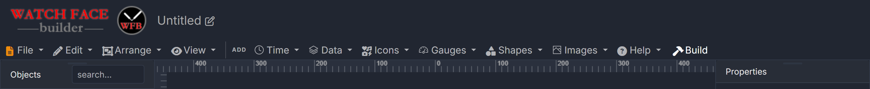 The toolbar: File, Edit, Arrange, View — the ADD palettes — Help and the Build button